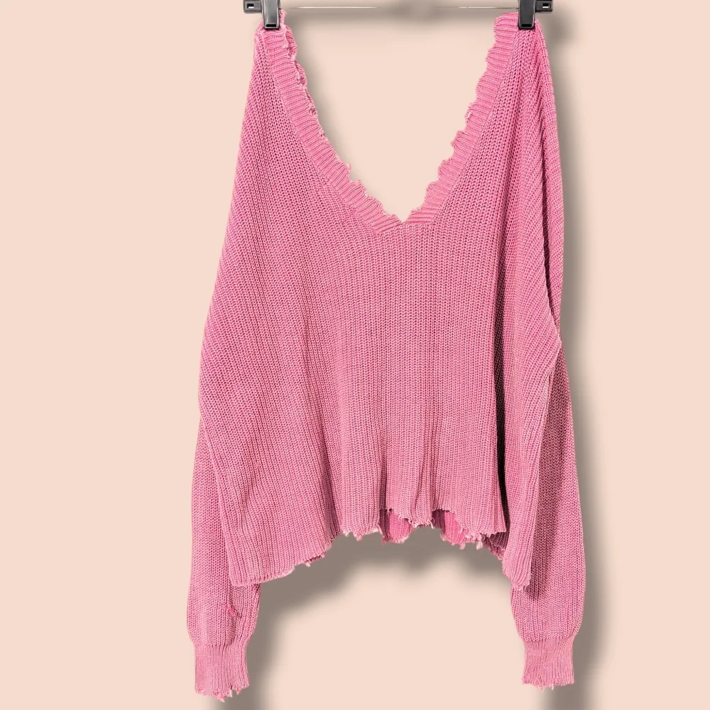Vici Pink Ribbed 100% Cotton Distressed Frayed Drop Shoulder Slouchy Sweater - Picture 2 of 9
